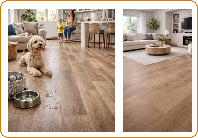 Family-friendly living space with dog and water bowl on durable hardwood floors