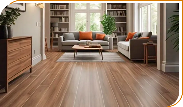 Modern living room with wide-plank hardwood floors and gray sofas